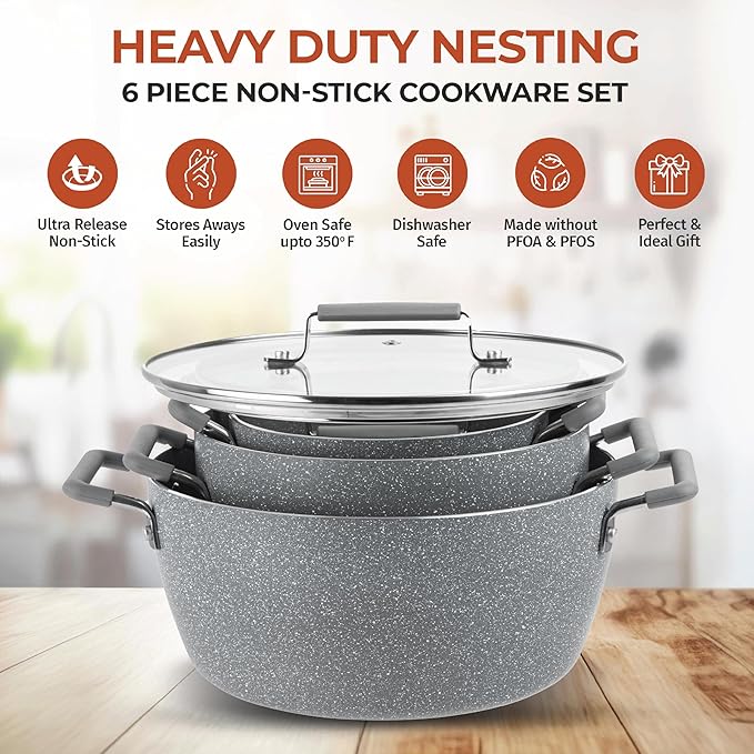 Granitestone Gray Pots and Pans Set Nonstick, 6 Stackable Piece Cooking Pots Set, Kitchen Pots, Non Stick Coating, 5qt 3qt & 1.5qt Pots with Lids, Stay Cool Handles Dishwasher Safe 100% Toxin Free