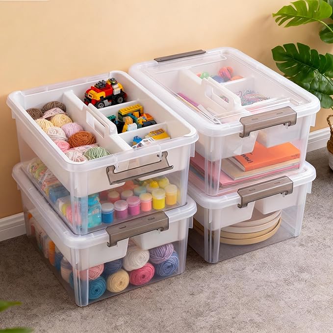 Citylife 17 QT Plastic Storage Bins Clear Storage Box with Removable Tray Stackable Latching Box with Handle for Organizing Tool, Craft, Office, Orange