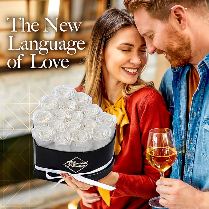 GLAMOUR BOUTIQUE 16 Flower Forever Heart Shape Box, for Mom, Eternal Preserved Roses Gift for Her, Long Lasting Flowers Bouquet, for Birthday, Anniversary and Girlfriend - White