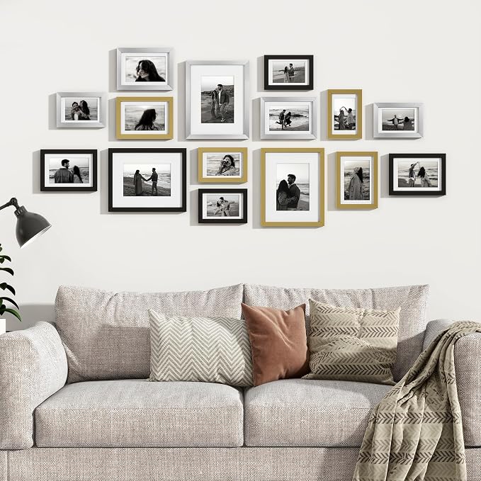 Venusmiles 15 Pack Picture Frames Collage Wall Decor, Gallery Frame Set for Wall Mounting or Tabletop Display, Multi Sizes Including 3pcs 8x10, 6pcs 5x7, 6pcs 4x6, Black+Silver+Gold