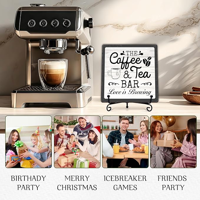 Coffee Bar Sign, Love is Brewing Farmhouse Tabletop Decor, Coffee and Tea Lover Gifts, 5x5 Wood Plaque with Iron Stand for Home Kitchen Cafe, Coffee Bar Decor – L08