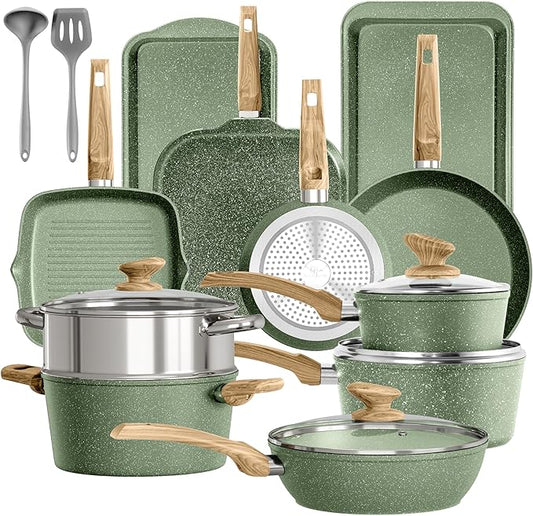 17 Piece Pots and Pans Set Non Stick, Nonstick Induction Granite Kitchen Cookware Sets, Induction Cookware Frying Pans, Nonstick Granite Cooking Set, Pan Sets for Cooking, Green