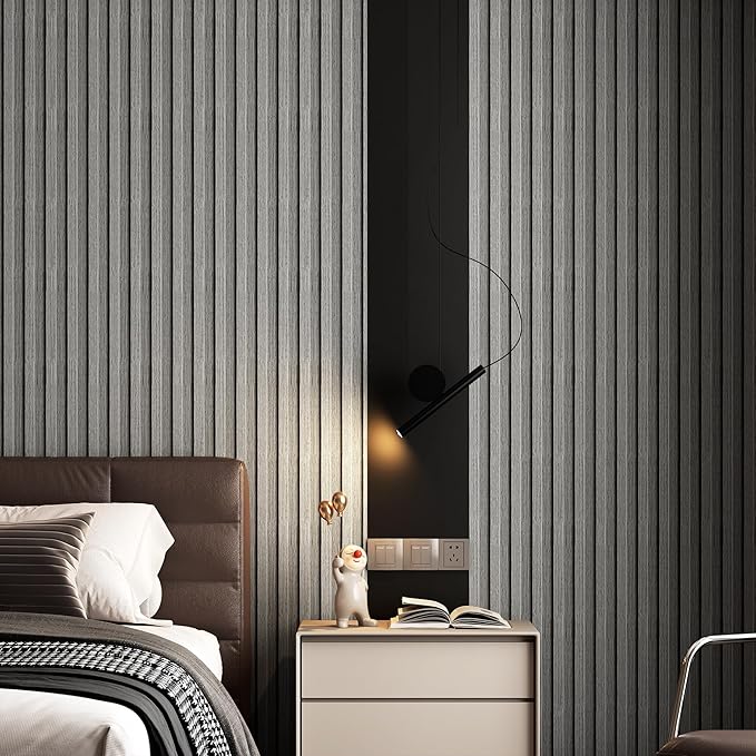 Peel and Stick PVC Slat Wall Panels, Wood Grain Self-Adhesive Soundproof Moisture-Resistant Paneling, 3D Faux Wood Panels for Bedroom Bathroom Walls & Ceilings 118"x15.75"(Gray,13Sq.ft)