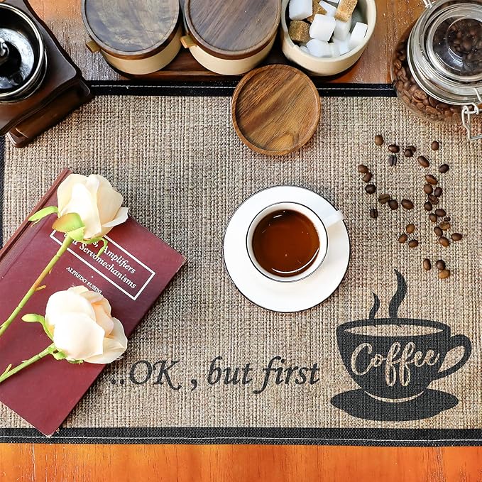 Cunhill 2 Pieces Coffee Bar Mat,Coffee Bar Accessories 20 x 14 Inch Coffee Bar Decoration Coffee Placemats for Coffee Machine, Coffee Bar, Countertops,Coffee Station Accessories(First Coffee)