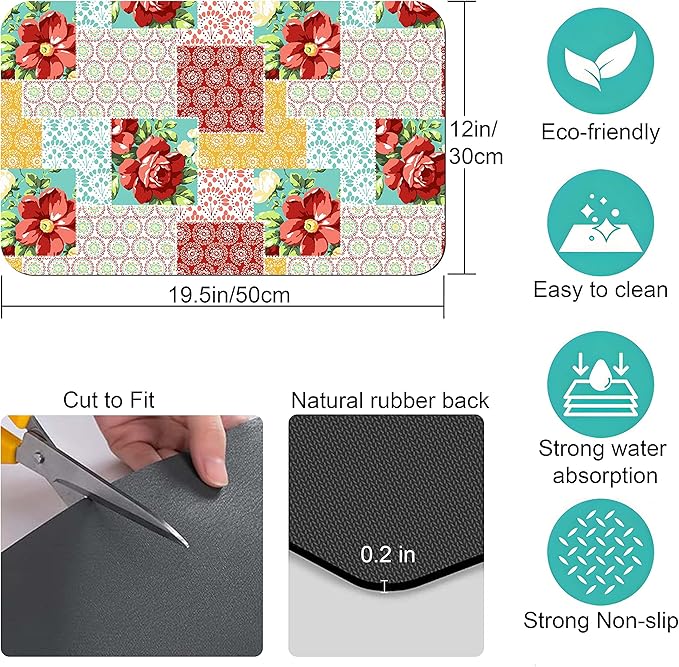 Coffee Bar Mat Accessories for Countertop Pioneer Flower Absorbent Hide Stain Rubber Backed Dish Drying Mats for Kitchen Counter Draining Pad Decor Gift Fit Under Coffee Maker (20x12in)