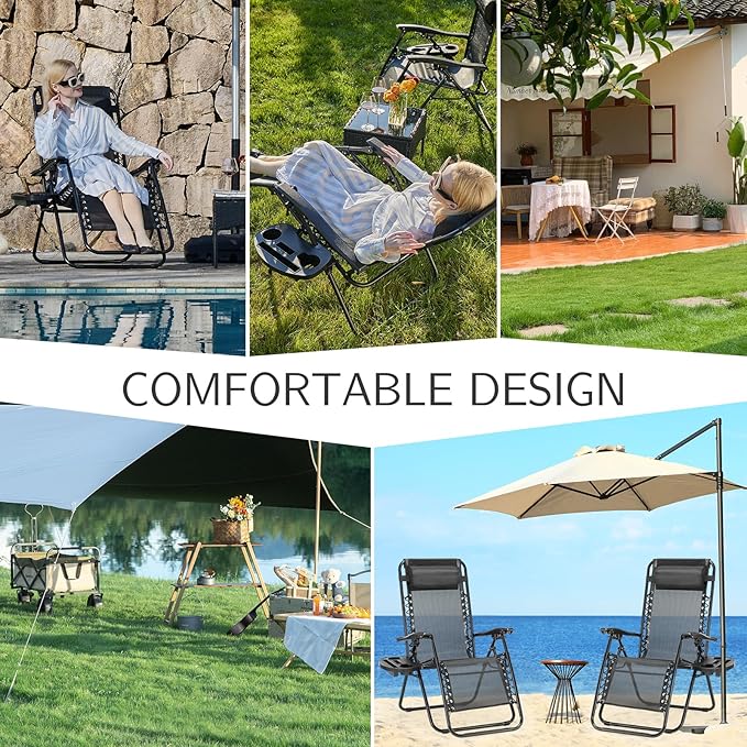 Sweetcrispy Zero Gravity Chairs, Set of 2 Portable Recliner Beach Camping Patio Outdoor Folding Lounge Chair with Cup Holder Trays and Adjustable Pillow for Poolside, Garden, Backyard, Lawn, Black