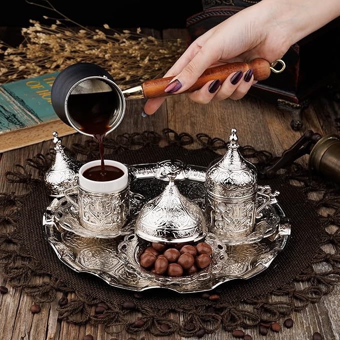 DEMMEX Turkish Greek Arabic Coffee Making and Serving Full Set with Cups Saucers Lids Sugar Bowl Tray and Copper Coffee Pot, Hand Decorated with Gold Crystals, 12 Pcs (Silver)