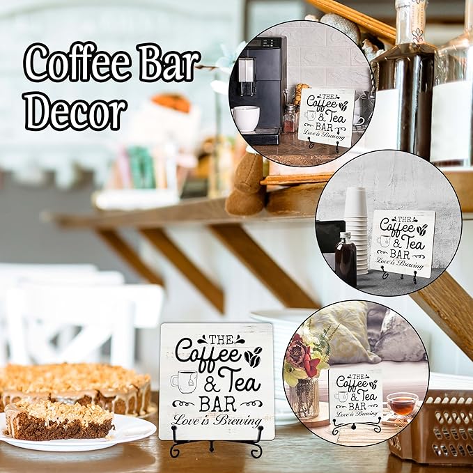 Coffee Bar Sign, Love is Brewing Farmhouse Tabletop Decor, Coffee and Tea Lover Gifts, 5x5 Wood Plaque with Iron Stand for Home Kitchen Cafe, Coffee Bar Decor – L07