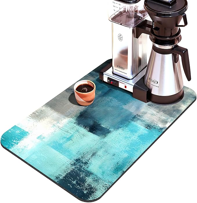 Coffee Bar Mat Accessories for Countertop Turquoise Abstract Art Absorbent Hide Stain Rubber Backed Dish Drying Mats for Kitchen Counter Draining Pad decor Gift Fit Under Coffee Maker (20x12in)