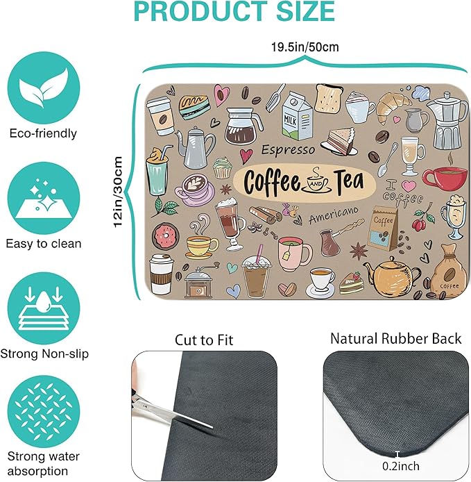 Super Absorbent Anti-Slip Silicone Dish Drying Mats for Kitchen Counter - Draining Pad Decor Gift - Fit Coffee Maker, Espresso Machine - 19inx12in