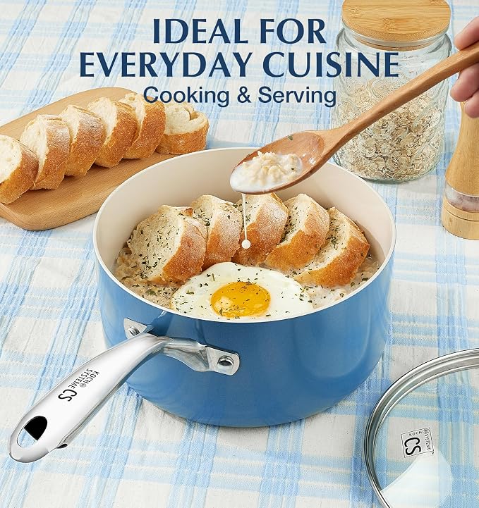 KOCH SYSTEME CS Small Saucepan with Lid, 1 Quart Nonstick Sauce Pan with PFAS-FREE Ceramic Coatings, Non-Toxic, Scratch-Resistant Small Cooking Pot with Lid, 1QT Small Sauce Pan, Blue