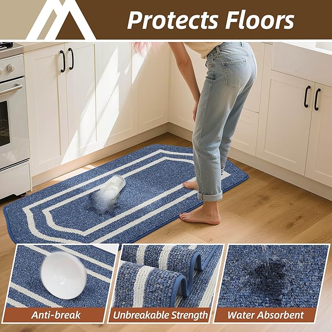COSY HOMEER Long Kitchen Floor Mats for in Front of Sink Super Absorbent Kitchen Rugs and Mats 24"x48"+24"x59"Non-Skid Kitchen Mat Standing Mat Washable,Polypropylene,Blue,Frame