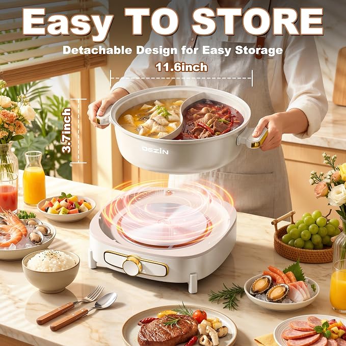 Dezin 6L Hot Pot Electric with Divider, Shabu Shabu Pot with Power Control | Removable 1500W Chinese Hot Pot, Non-Stick Hotpot with Multi-Power Adjustment, 3" Depth Double-Flavor Pot with Silicone Ladle