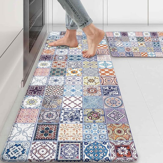 Boho Kitchen Rug Mats for Floor Cushioned Anti Fatigue Colorful Ceramic Tile Kitchen Rugs Sets of 2 Talavera Non Slip Waterproof Comfort Memory Foam Standing Floor Mat for Laundry Sink Desk