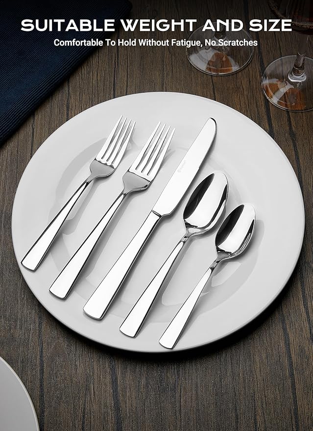 45-Piece Flatware Sets, Silverware Set for 8, Durable Stainless Steel Tableware in Ergonomic Design Size and Weight, Kitchen Utensils Set with Steak Knives, Rust-proof, Dishwasher Safe