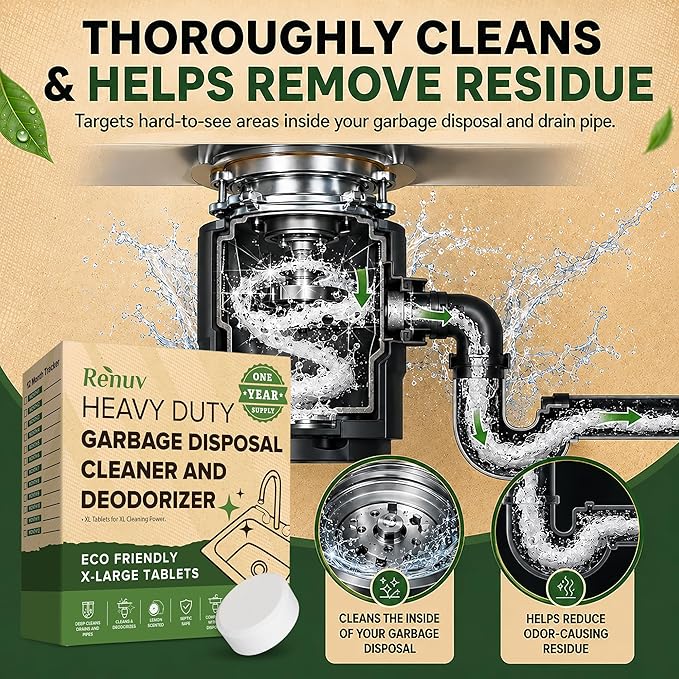 Renuv® Dishwasher Cleaner + Garbage Disposal Cleaner - Heavy Duty Kitchen Appliance Deep Cleaning, Descaling and Deodorizing, (12 Tablets of each)