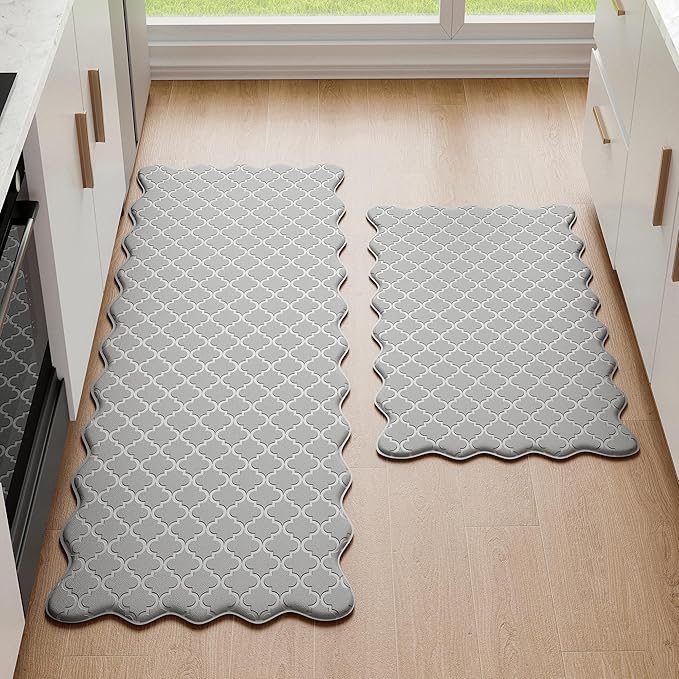 Arenarug Upgrade Scalloped Embossed Kitchen Mats for Floor 2PCS Cushioned Anti Fatigue Waterproof Foam Kitchen Rugs Non Slip Washable Comfort Standing Mat for Sink Laundry, 24"x39"+24"x59", Grey