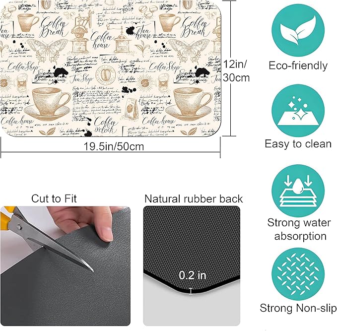 Coffee Bar mat Accessories for Countertop Absorbent Hide Stain Rubber Backed Dish Drying Mats for Kitchen Counter Draining Pad Decor Gift(20x12in)