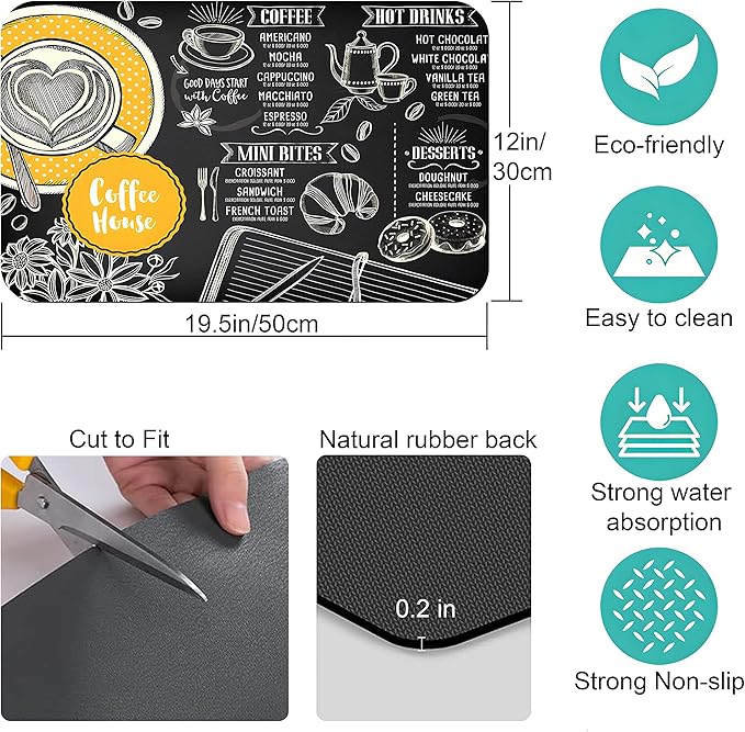 Coffee Bar mat Accessories for Countertop Absorbent Hide Stain Rubber Backed Dish Drying Mats for Kitchen Counter Draining Pad Decor Gift(20x12in)