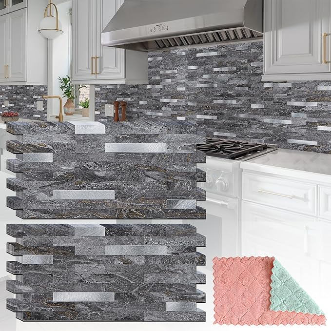 StyloVue 20 Sheets Peel and Stick Backsplash for Kitchen, Gray-Gold Stone with Metal Silver Look Stick on Tile Upgrade Your Kitchen Backsplash, RV, Fireplace