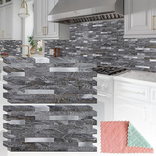 StyloVue 20 Sheets Peel and Stick Backsplash for Kitchen, Gray-Gold Stone with Metal Silver Look Stick on Tile Upgrade Your Kitchen Backsplash, RV, Fireplace