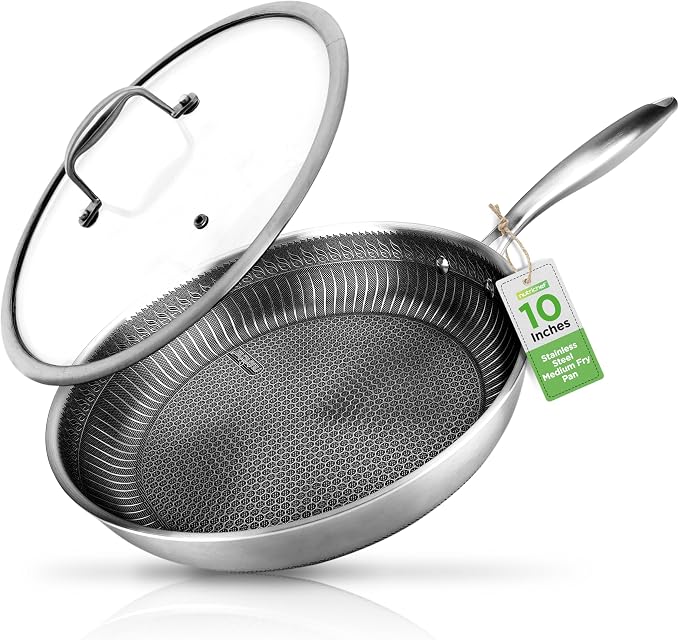 NutriChef 10” Non-Stick Stainless Steel Frying Pan with Lid, Triply Stainless Steel Cookware, Etched Non-Stick Coating, Oven & Induction Safe, Premium Stainless Steel Frying Pan, PFOA/PFOS Free