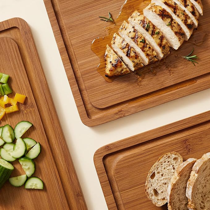 ROYAL CRAFT WOOD Wooden Cutting Boards for Kitchen Meal Prep & Serving - Bamboo Wood Cutting Board Set with Deep Juice Groove Side Handles - Charcuterie & Chopping Butcher Block for Meat (Set of 3)