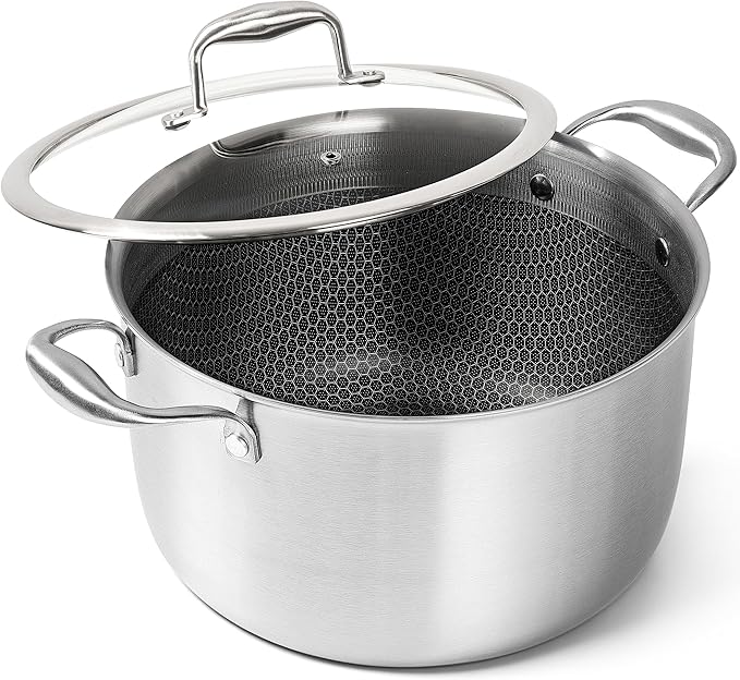 MICHELANGELO Tri-ply Stainless Steel Stock Pot, 8-Quart Stockpot with Lid, 18/10 Nonstick Cooking Pot with Honeycomb Interior, Compatible with All Cooktops