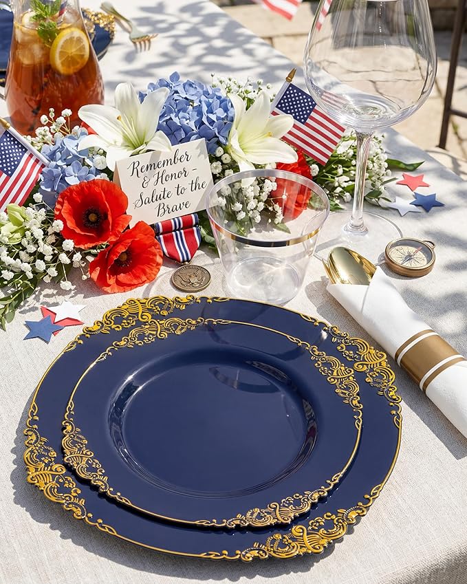 Nervure 350Pcs Blue Plastic Plates - Blue Gold Plastic Dinnerware Sets for 50 Guests - 100 Navy Gold Disposable Plates, 50 Pre Rolled Silverware, 50 Cups Perfect for Wedding & Party