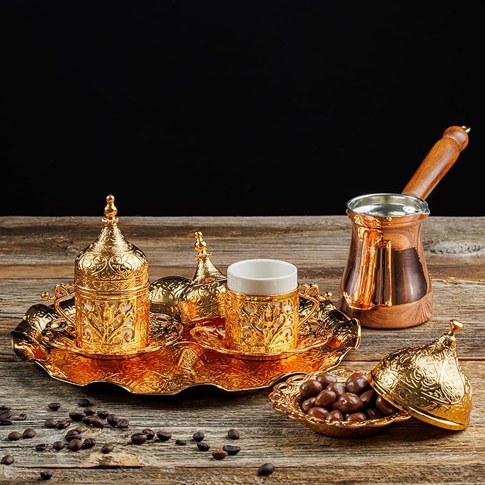 DEMMEX Turkish Greek Arabic Coffee Making and Serving Full Set with Cups Saucers Lids Sugar Bowl Tray and Copper Coffee Pot, Hand Decorated with Gold Crystals, 12 Pcs (Gold)