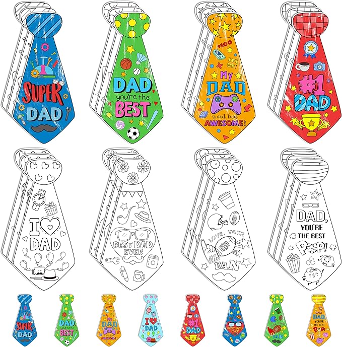 Father's Day Crafts Kits for Kids - 24Pcs Happy Father's Day Bulk Tie Coloring Crafts Best Dad Ever Color Your Own Hanging Tie Ornaments for School Home DIY Art Activities Holiday Party Favor Supplies