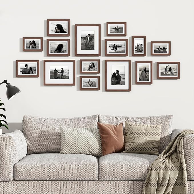 Venusmiles 15 Pack Picture Frames Collage Wall Decor, Gallery Frame Set for Wall Mounting or Tabletop Display, Multi Sizes Including 3pcs 8x10, 6pcs 5x7, 6pcs 4x6, Walnut