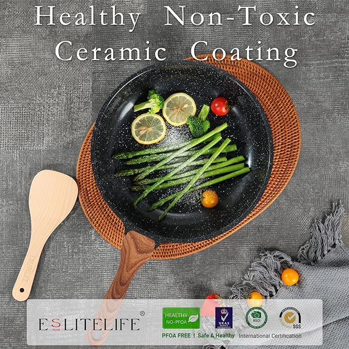 ESLITE LIFE Nonstick Ceramic Frying Pan Skillet with Lid, Non-Toxic Egg Omelette Kitchen Cooking Pans Compatible with All Stovetops (Gas, Electric & Induction), PTFE & PFOA Free (Black, 9.5" w/Lid)