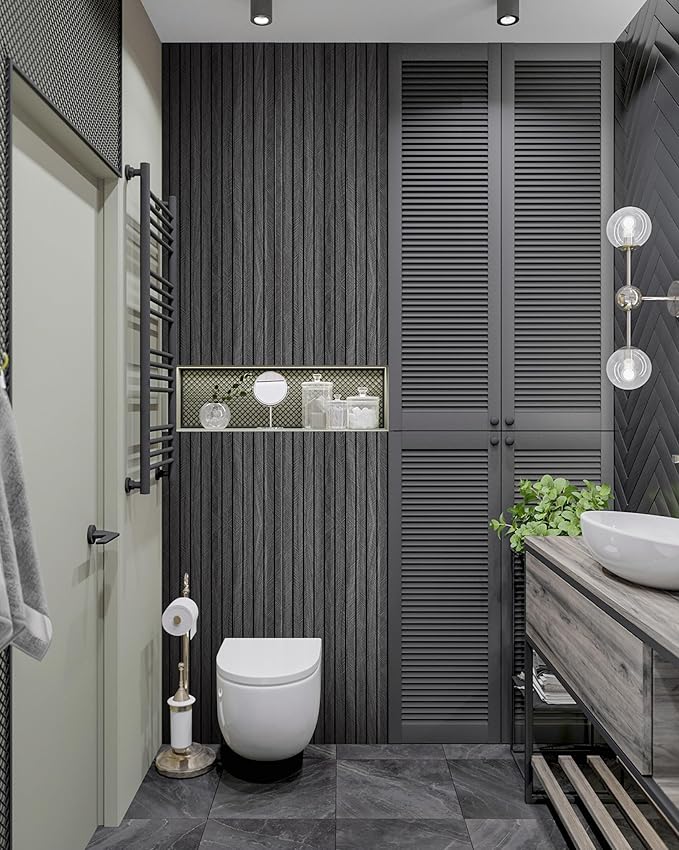 WaveSpace Self-Adhesive PVC Slat Wall Panels, Peel and Stick Wood Panels 118"x15.75", Thick Faux Black Oak Wood Grain Wallpaper Panels 3D Soundproof Wall & Ceiling Panels Decorativos para Pared