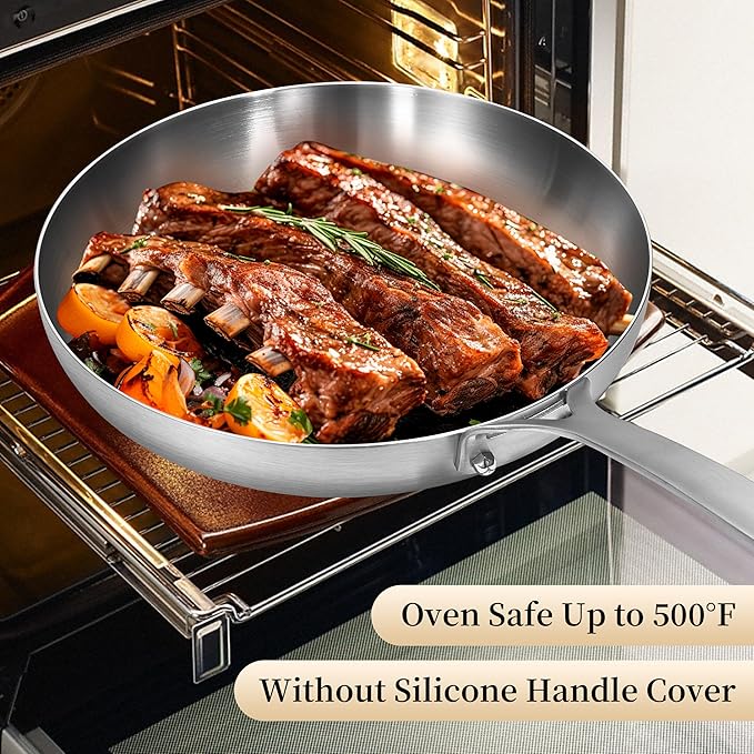 Inqibee 8.5 Inch Tri-Ply Stainless Steel Frying Pan with Lid, Skillet, Induction Cooking Pan, Chef's Pan, Induction Cooking Pans, Pots and Pans Set, Dishwasher Safe and Detachable Handle