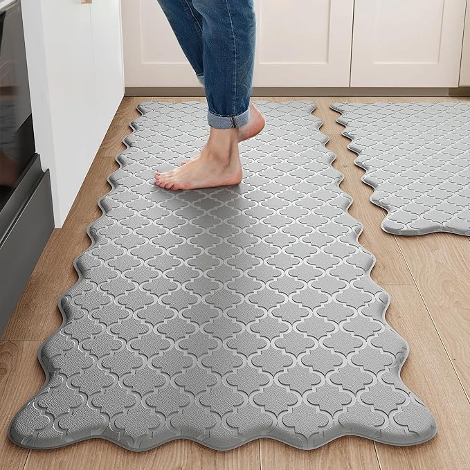 Arenarug Upgrade Scalloped Embossed Kitchen Mats for Floor 2PCS Cushioned Anti Fatigue Waterproof Foam Kitchen Rugs Non Slip Washable Comfort Standing Mat for Sink Laundry, 24"x39"+24"x59", Grey