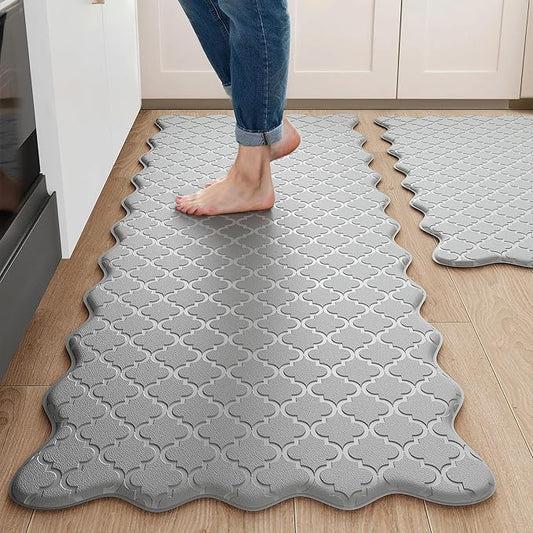 Arenarug Upgrade Scalloped Embossed Kitchen Mats for Floor 2PCS Cushioned Anti Fatigue Waterproof Foam Kitchen Rugs Non Slip Washable Comfort Standing Mat for Sink Laundry, 24"x39"+24"x59", Grey