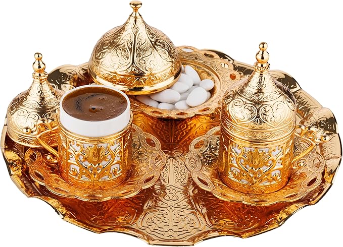 DEMMEX Turkish Greek Arabic Coffee Making and Serving Full Set with Cups Saucers Lids Sugar Bowl Tray and Copper Coffee Pot, Hand Decorated with Gold Crystals, 12 Pcs (Gold)