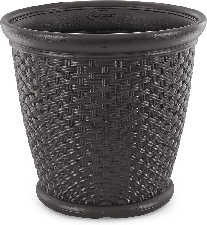 Suncast 2 Pack Sonora 22 Inch Plastic Wicker Indoor or Outdoor Decorative Garden Flower Planter for Entryways, Porch, and Backyard Patios, Dark Brown