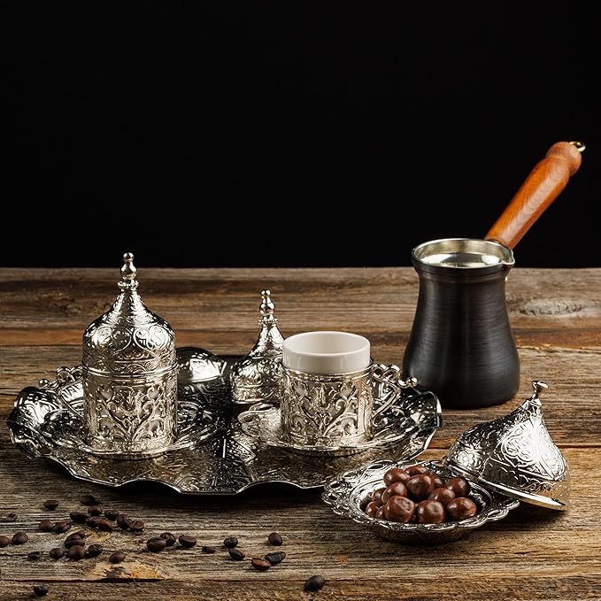 DEMMEX Turkish Greek Arabic Coffee Making and Serving Full Set with Cups Saucers Lids Sugar Bowl Tray and Copper Coffee Pot, Hand Decorated with Gold Crystals, 12 Pcs (Silver)