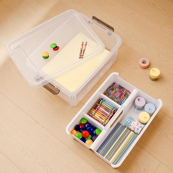Citylife 17 QT Plastic Storage Bins Clear Storage Box with Removable Tray Stackable Latching Box with Handle for Organizing Tool, Craft, Office, Orange
