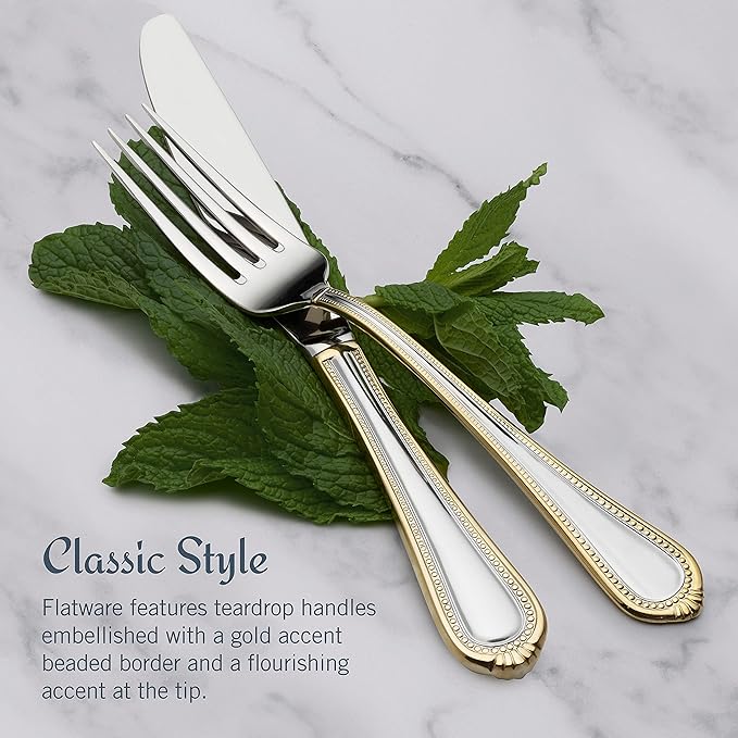 Mikasa, Gold Accent Regent Bead Flatware Service for 12, 65 Piece Set, 18/10 Stainless Steel, Silverware Set with Serving Utensils
