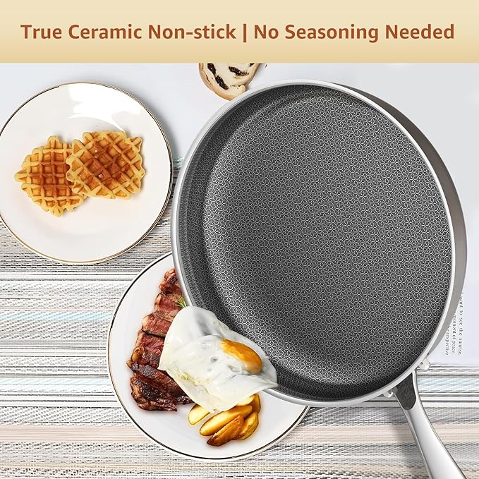 LOLYKITCH 10-12 Inch Hybrid Tri-Ply Stainless Steel Ceramic Nonstick Frying Pan Set,Skillets, Induction Cooking Pan, Oven & Dishwasher Safe