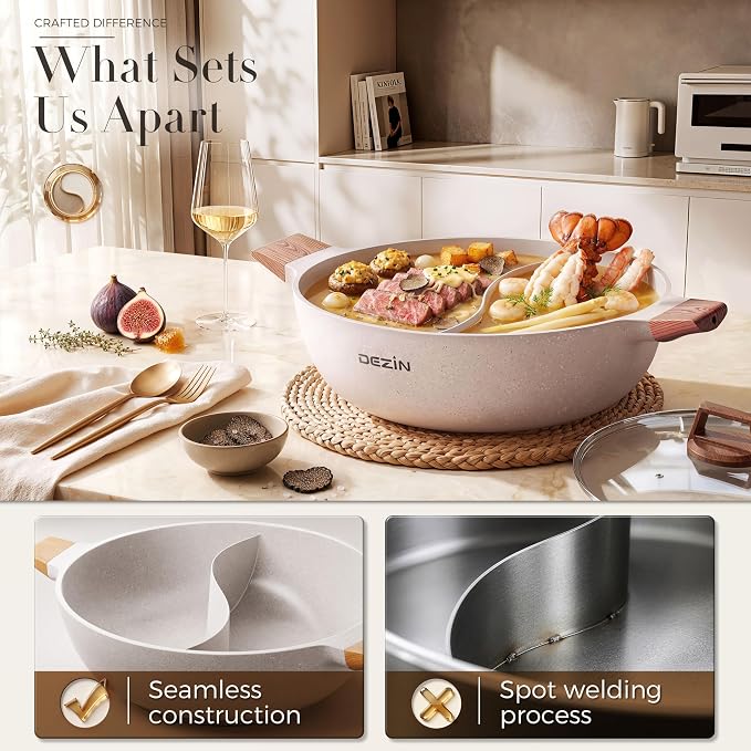 Dezin 5-QT Hot Pot with Divider, Double-flavor Shabu Shabu Pot, Divided Pot | Nonstick Granite Pot, 12"Divided Stockpot, Compatible with Induction Cooktop, Gas/Ceramic/Electric Stove, Soup Ladle Included