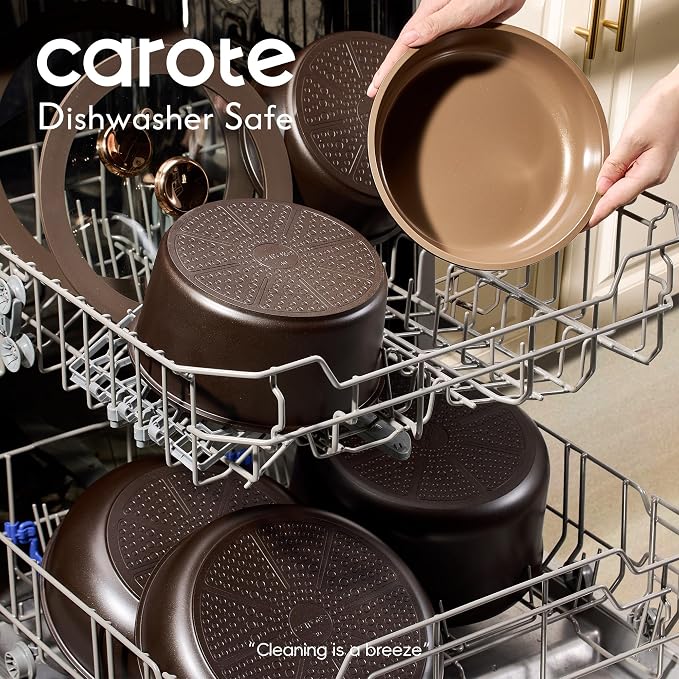 CAROTE 25pcs Ceramic Cookware Set, Pots and Pans Set with Detachable Handle | Non-Stick, Non-Toxic, PFAS and PFOA Free, Induction Compatible, Dishwasher & Oven Safe, Space Saving, Camping Cooking, Brown