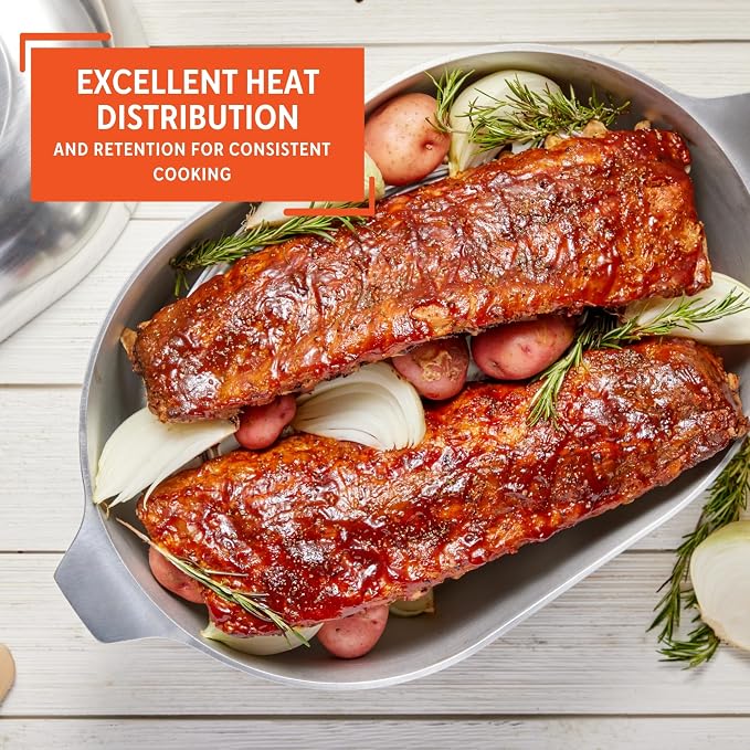 IMUSA USA Heavy Duty Cajun Oval Aluminum Roaster 15, Silver | Mirror-Polished Finish, Removable Steamer Inserts and Side Handles, Heats Quickly and Evenly, Ideal for Roasting and Steaming