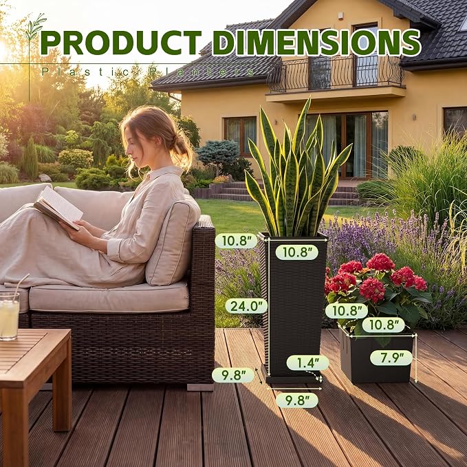 Devoko Resin Tall Planters for Outdoor Plants Set of 2, Large Taper Outdoor Planter Pots with 4 Drainage Holes, Flower Pots Modern Decor for Porch, Patio, Backyard, Garden(Brown, 24'' with Trays)