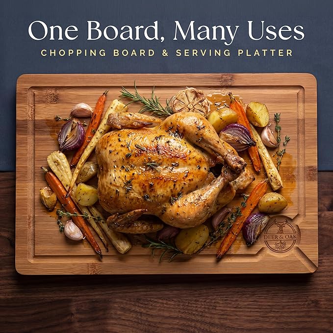 Deer & Oak Large Carbonized Cutting Board 15" x 9.8" x 0.8", Pre-Oiled Bamboo Wooden Cutting Board for Carving Meat, Fish, Vegetables, Fruits, Cheese, and Bread