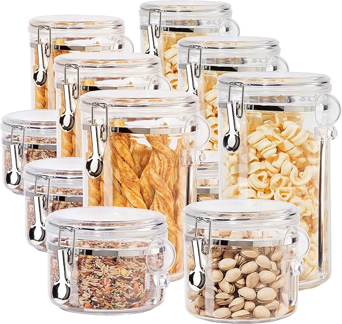 Oggi 4pc Clear Canister Set with Clamp Lids Airtight Containers in Sizes Ideal for Kitchen & Pantry Storage of Bulk, Dry Foods Including Flour, Sugar, Coffee, Rice, Tea, Spices & Herbs (Pack of 3)