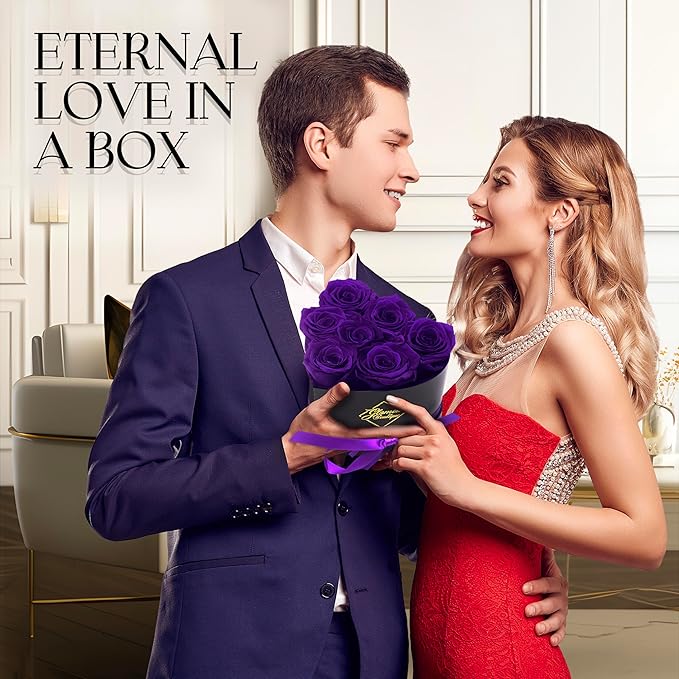 GLAMOUR BOUTIQUE 7 Flower Forever Heart Shape Box, for Mom, Eternal Preserved Roses Gift for Her, Him, Lasting Flowers Bouquet, for Birthday, Anniversary, Purple (Color-Treated)
